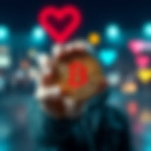 A person holding a Bitcoin symbol with a heart in the background, symbolizing charitable giving to the homeless.
