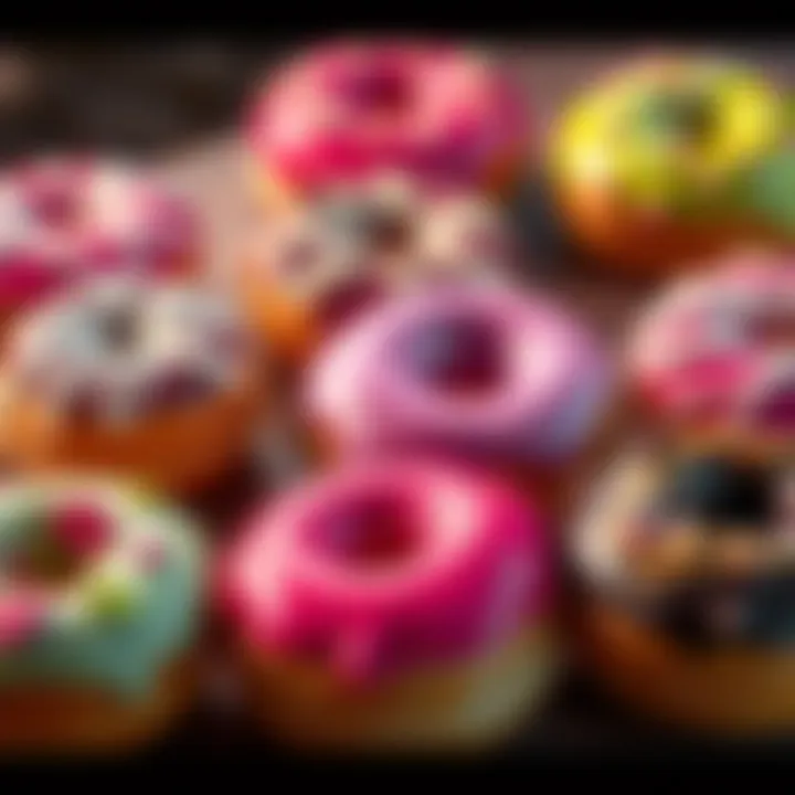 A variety of donuts featuring vibrant colors and different toppings arranged on a table