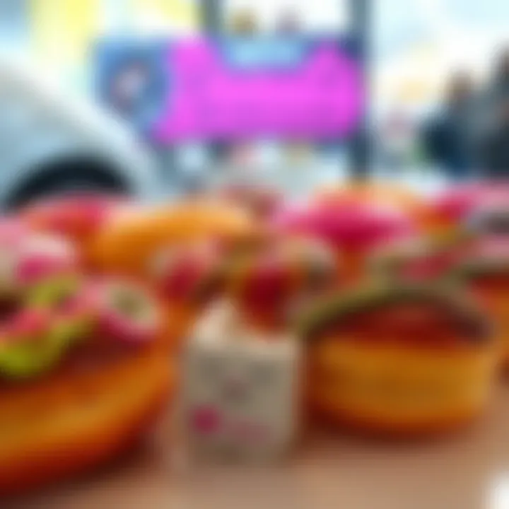 A close-up of colorful donuts with icing on a table, showcasing their appealing appearance