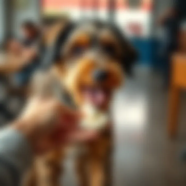 A friendly doodle dog being fed by a person, showing its preference for eating from a specific hand.