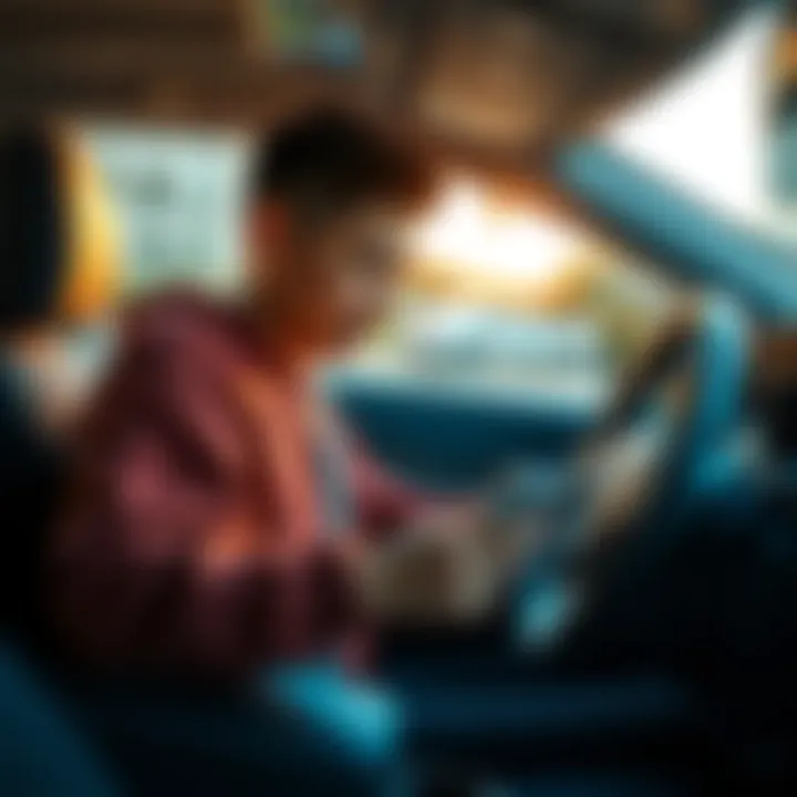 A young driver in a car checking their phone for DoorDash orders, ready to make deliveries