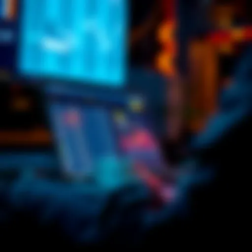 A person with a laptop showing a digital transaction history on the screen, with graphs and charts representing cryptocurrency activity