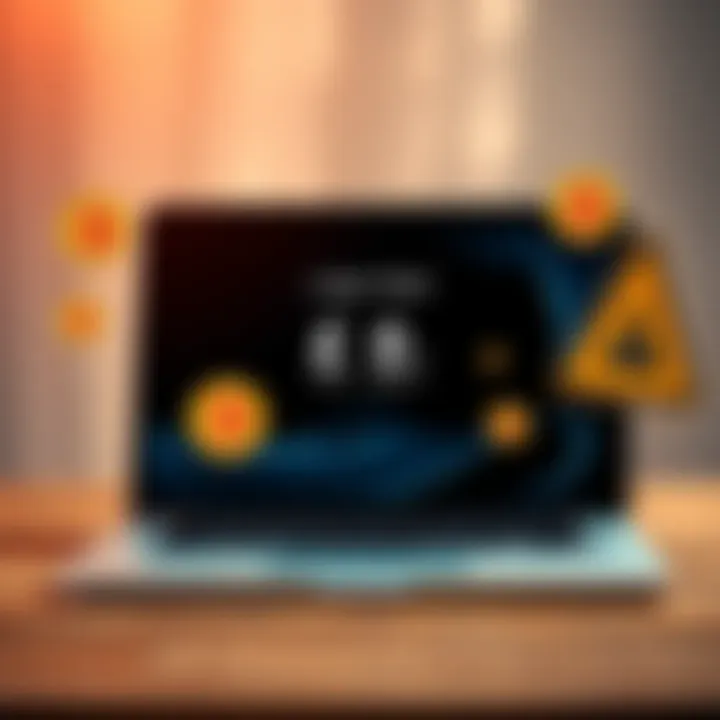 A laptop screen shows a Ledger Wallet with a £0 balance, reflecting a user's shock. There are bitcoin symbols and a warning sign around it, depicting loss.