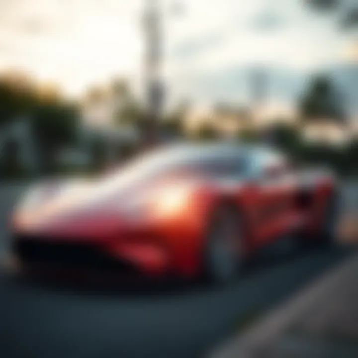 A shiny sports car parked on a street with a 'For Sale' sign in the window, representing a tough financial decision.