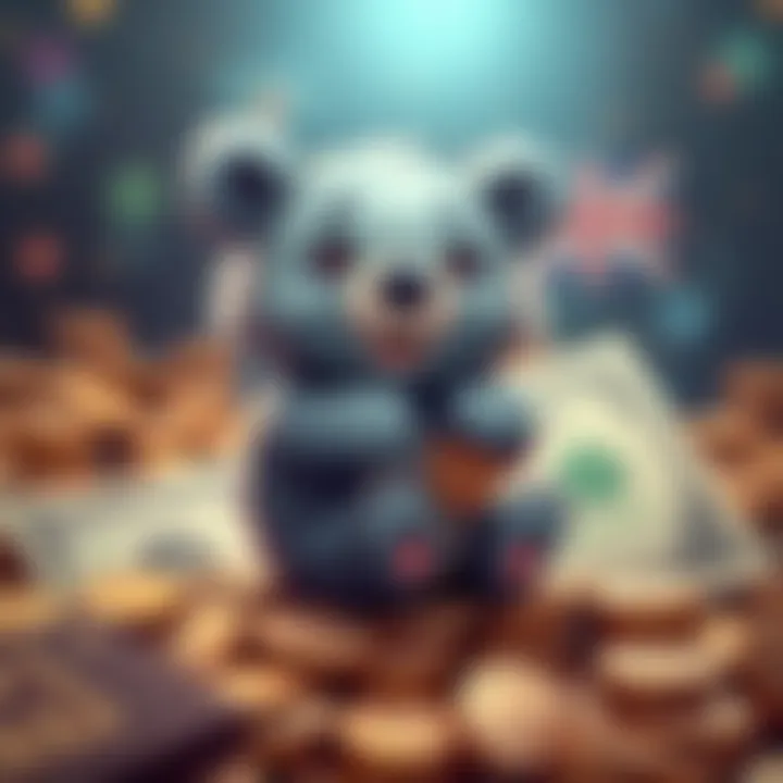Dropbear on a dollar bill A cartoon dropbear character sitting on a dollar bill surrounded by coins, promoting the $DGENBEAR memecoin.