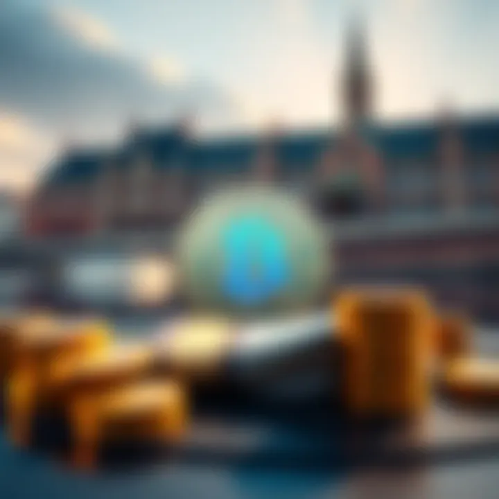 A graphic showing money and cryptocurrency icons with a government building in the background, symbolizing the new tax on unrealized gains in the Netherlands.