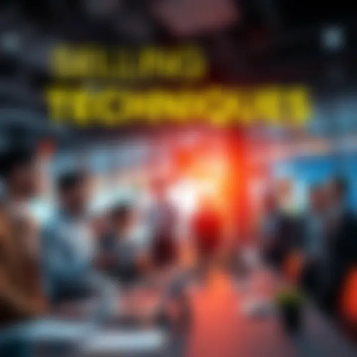 An engaging representation of innovative sales strategies in action, highlighting diverse professionals collaborating and showcasing effective selling tactics.