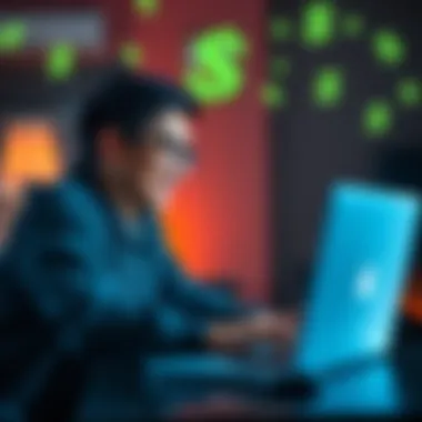 A person sitting at a laptop, smiling while looking at their screen with dollar signs around them.