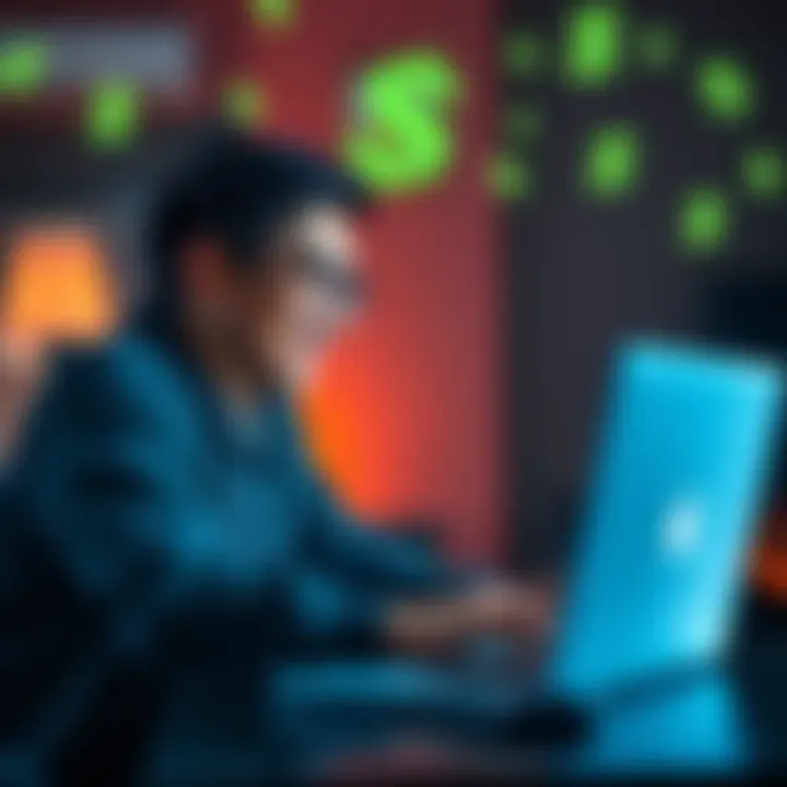 A person sitting at a laptop, smiling while looking at their screen with dollar signs around them.