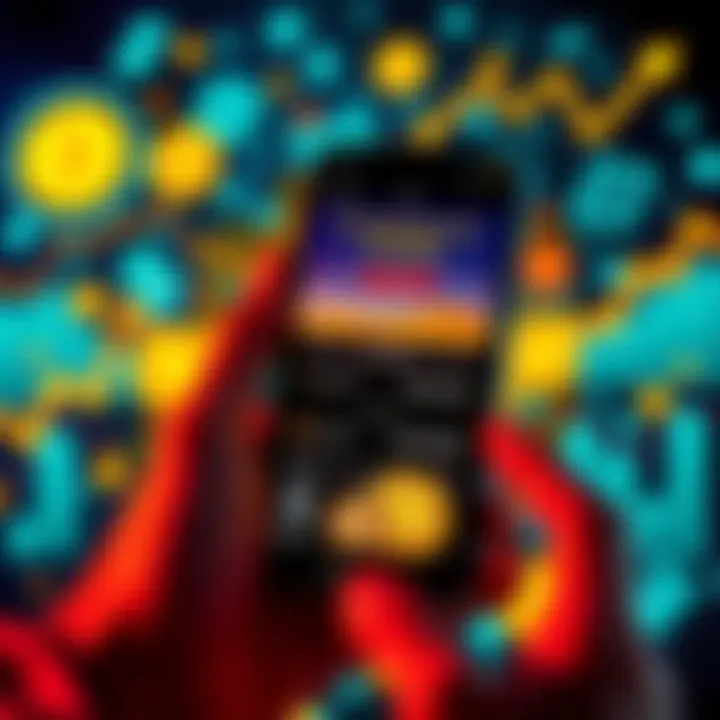 Earning interest on cryptocurrency coins A person holding a smartphone displaying cryptocurrency balances and interest rates, surrounded by digital icons representing finance and growth.