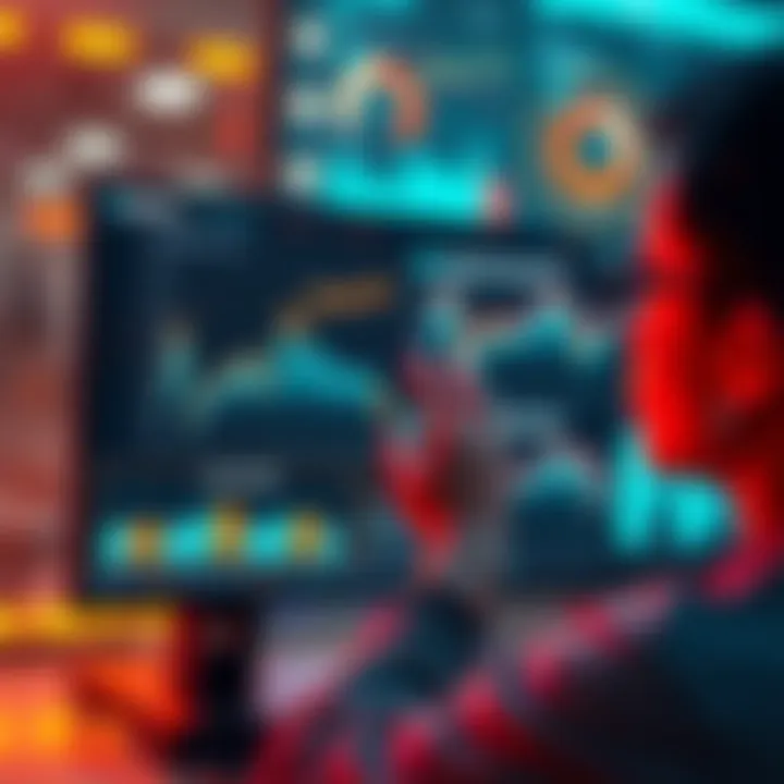 A person interacting with a digital screen showing graphs and predictions related to events on BitMart Prediction Market.