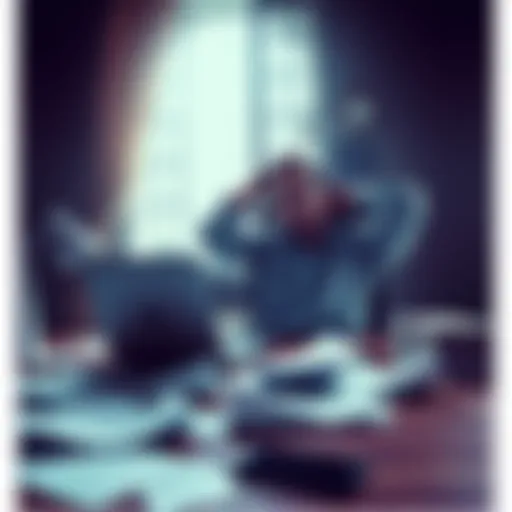 A person sitting at a desk looking frustrated with a laptop and papers scattered, representing the struggle to earn money online.