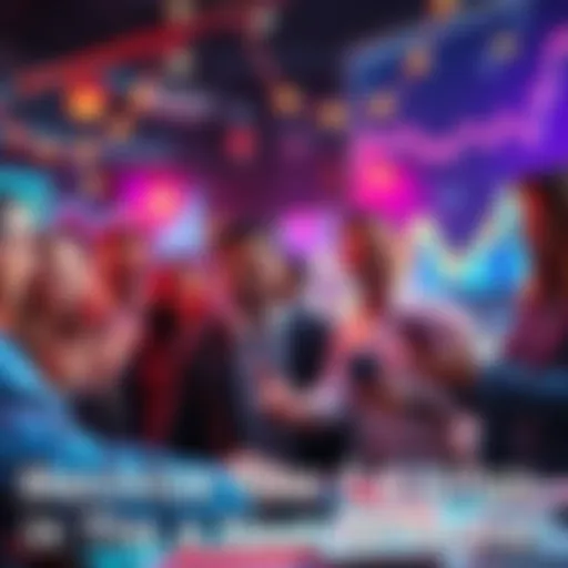 People excitedly discussing ways to maximize earnings in the next 32 hours, with money symbols and charts in the background.