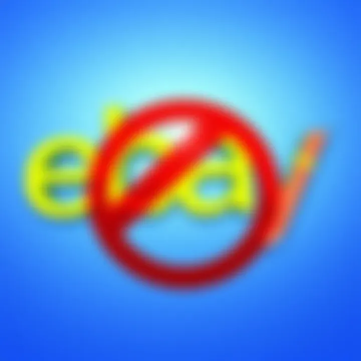 Illustration of eBay logo with red cancel symbol over listings related to Syria