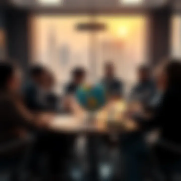 A group of diverse people discussing ideas about money and resources at a roundtable, with a globe and charts on the table representing economic models.