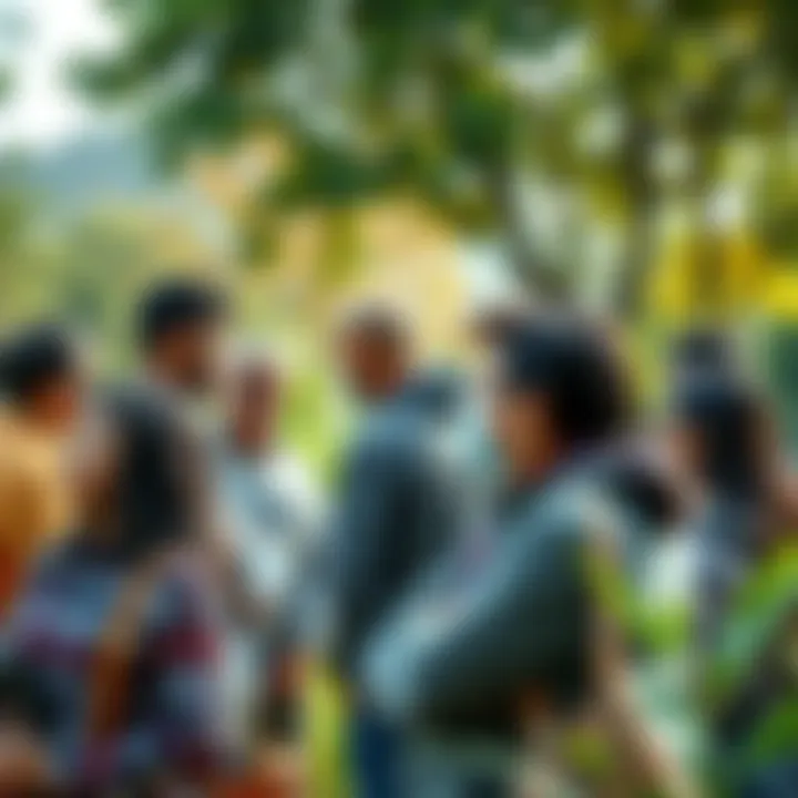 A diverse group of people discussing the ecosystem changes outdoors, with trees and plants in the background.