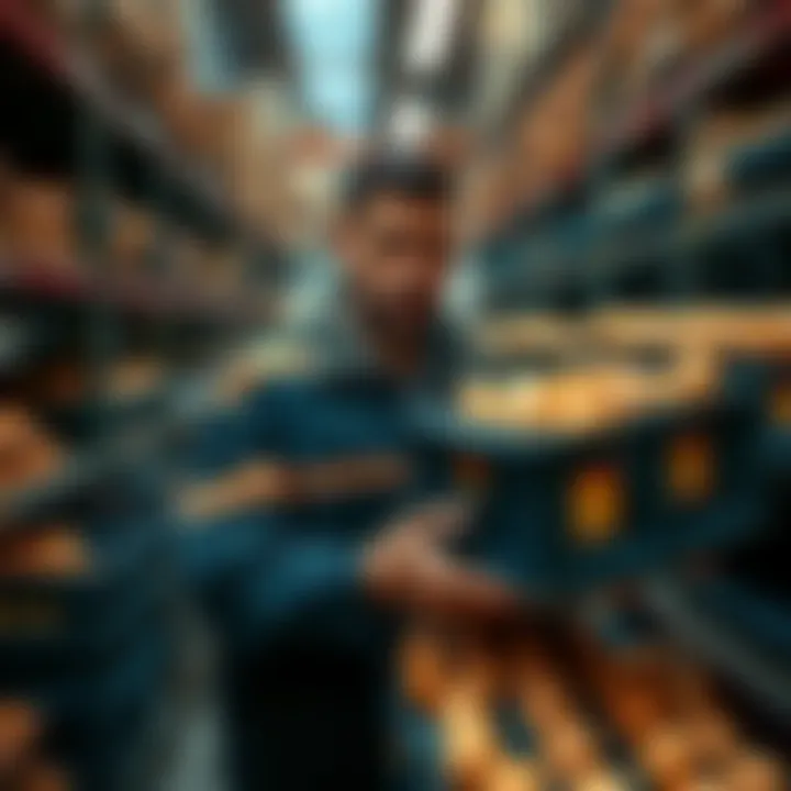 A man holding large crates of eggs in a warehouse, looking at the price tags on the crates, with a confused expression on his face.
