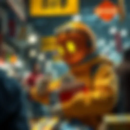 The Egg Man, a character known for his high-stakes Bitcoin purchases, is seen exchanging money for cryptocurrency in a bustling market.