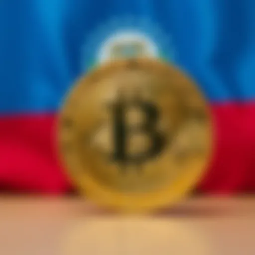 A close-up of a Bitcoin coin with the flag of El Salvador in the background, symbolizing the country's financial issues related to Bitcoin purchases.
