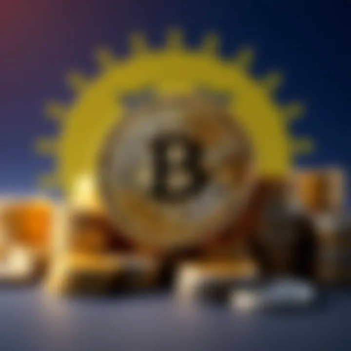 A graphic showing the Bitcoin logo and stacks of coins, representing El Salvador's increase in Bitcoin holdings to 7,696 BTC.