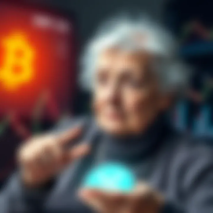 An elderly woman looking at investment options with concern, surrounded by cryptocurrency symbols and charts, indicating her focus on XRP.
