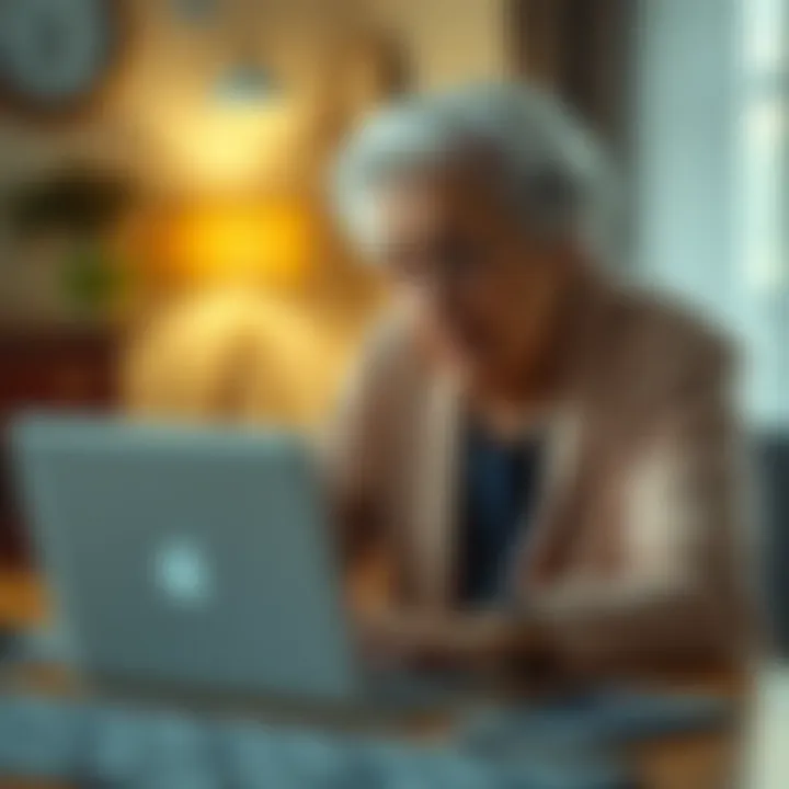 An elderly widow sitting at a table, looking distressed while viewing her laptop, representing the impact of a romance scam.