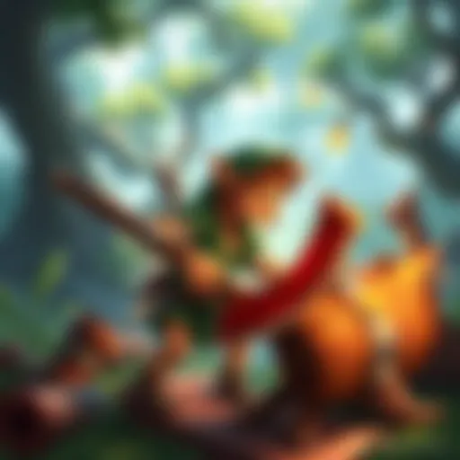Elf character in RPG scene An Elf character chopping wood in a vibrant RPG setting with trees and adventure elements