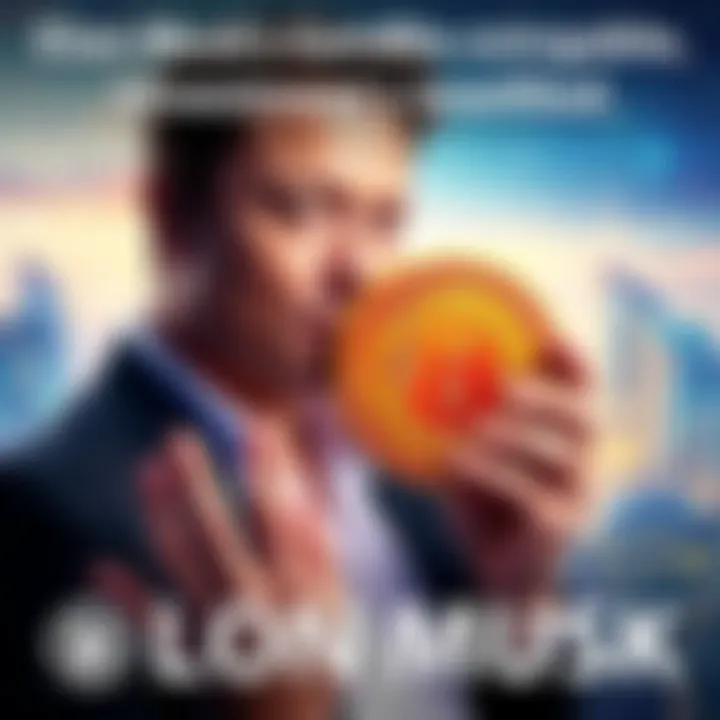 Elon Musk holding a Bitcoin symbol with a futuristic city background, representing his investment strategy.