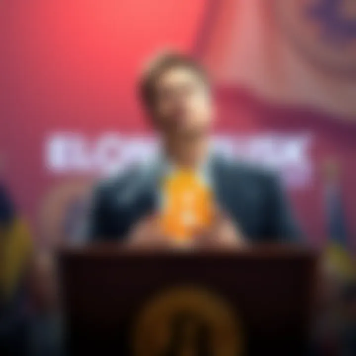 Elon Musk standing at a podium with a Bitcoin symbol, announcing new political party