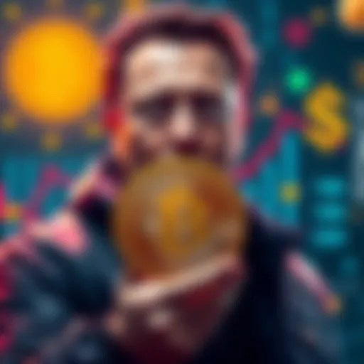 Elon Musk holding a Bitcoin symbol, with a backdrop of digital currency graphics and a dollar sign, representing wealth and cryptocurrency challenges.