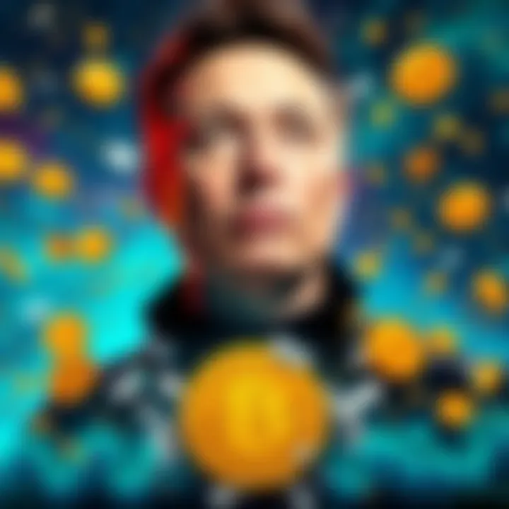 A futuristic depiction of Elon Musk surrounded by digital currency symbols and a shattered Federal Reserve sign.