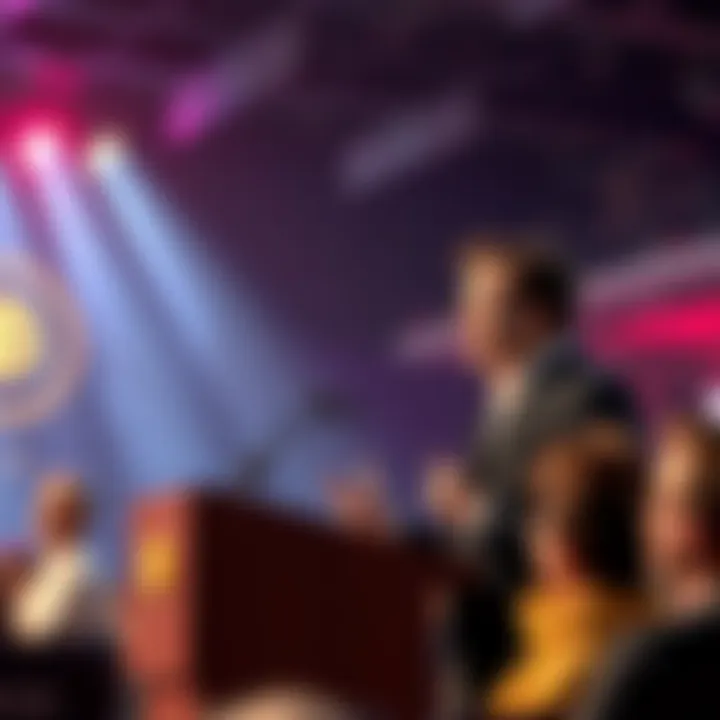 Elon Musk discussing stablecoin plans Elon Musk speaks at a podium about launching a new stablecoin, with audience members listening attentively.