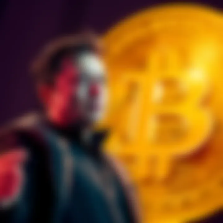 Elon Musk standing next to a large Bitcoin symbol, representing his wealth surpassing Bitcoin's market cap.