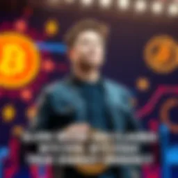 Elon Musk stands confidently, advocating Bitcoin as a true energy currency, with a backdrop of digital currency symbols and energy icons.