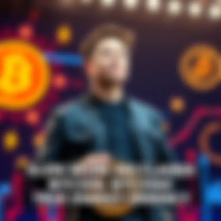 Elon Musk stands confidently, advocating Bitcoin as a true energy currency, with a backdrop of digital currency symbols and energy icons.