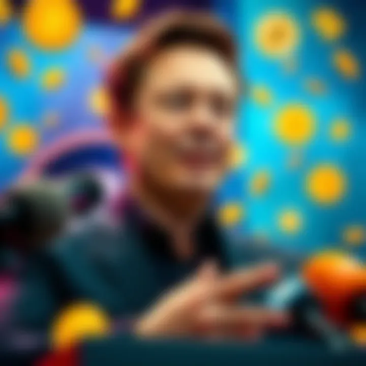 Elon Musk at a press conference explaining Dogecoin's standing, surrounded by cryptocurrency symbols