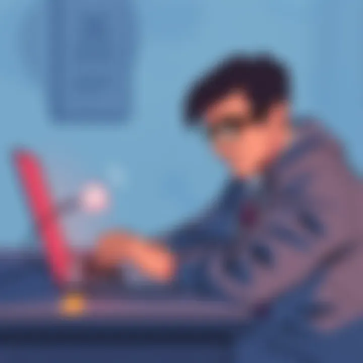 Illustration of a wary individual inspecting a suspicious email on their laptop