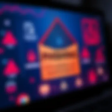 Email warning about phishing A close-up of a computer screen displaying a suspicious email with warning signs and icons representing phishing scams