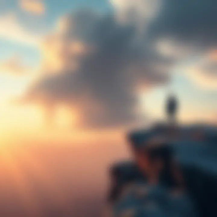 Embracing change A person standing confidently at the edge of a cliff, overlooking a vast landscape, symbolizing courage and the embrace of change.