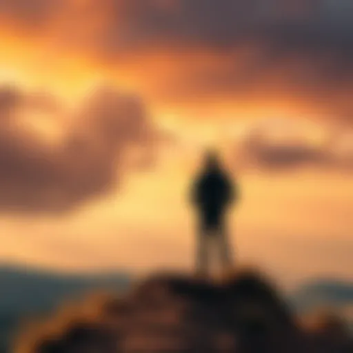 Embracing Human Vulnerability A person standing on a hilltop looking contemplative, symbolizing self-reflection and growth through understanding weaknesses.