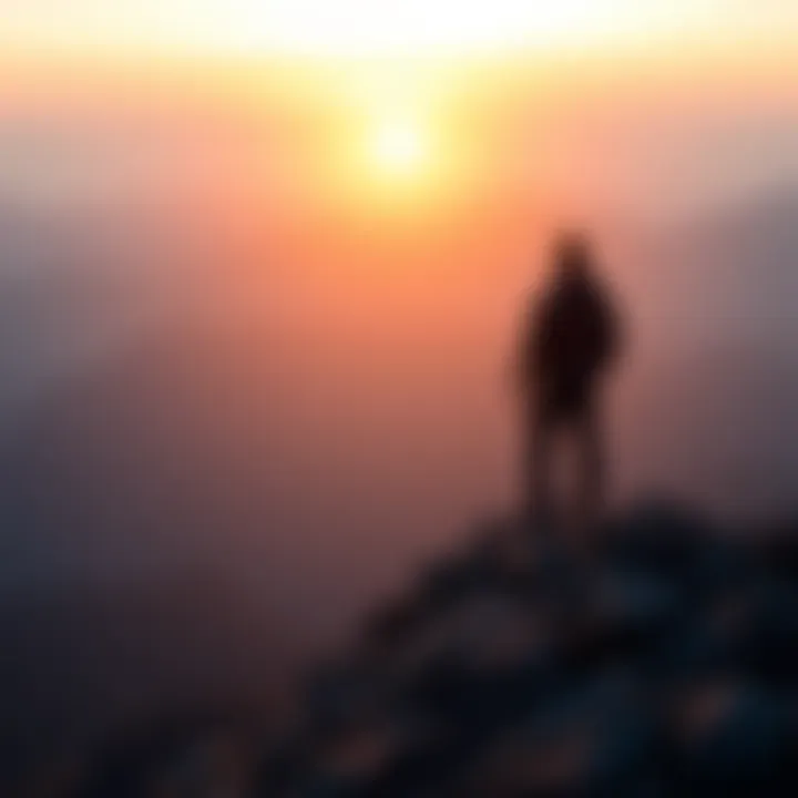 A lone figure standing on a mountain peak, gazing at the sunrise, symbolizing resilience and strength in overcoming challenges.