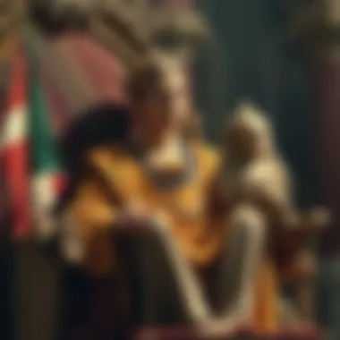 A young emperor sits on an ornate throne, wearing luxurious robes and a crown, with a sun-god statue beside him, representing his controversial reign in ancient Rome.