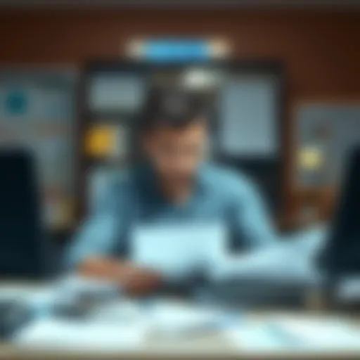 Employee Feeling Pressured at Work A person looking stressed at their desk while surrounded by paperwork, representing workplace pressure over absences.
