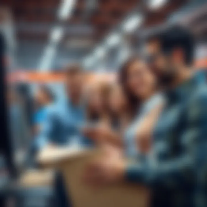 Group of coworkers engaging in parcel buying at their workplace, showing excitement and competition.
