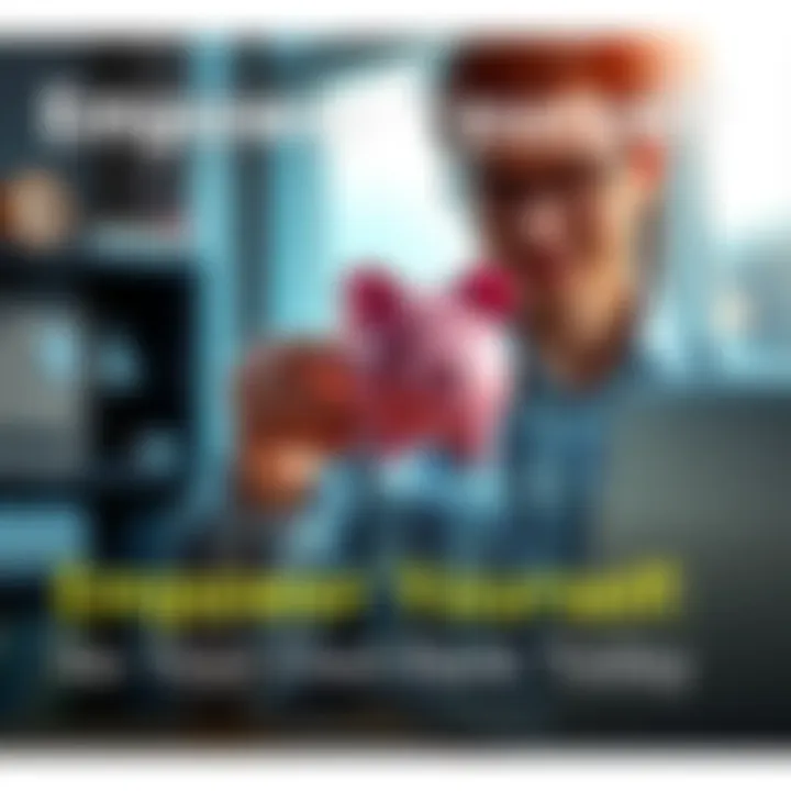Empower Yourself A person holding a piggy bank while looking confidently at financial documents and a laptop, symbolizing financial independence.