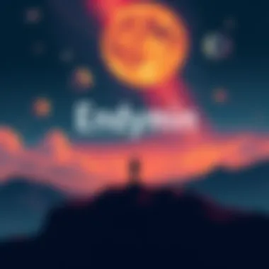 Cover illustration of the book Endymion featuring a starry background with a lone figure gazing at distant planets, symbolizing exploration and reflection.