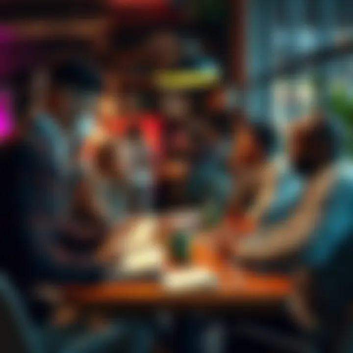 A diverse group of individuals exchanging ideas in a cozy coffee shop setting, surrounded by books and notes, symbolizing informed debate and research.