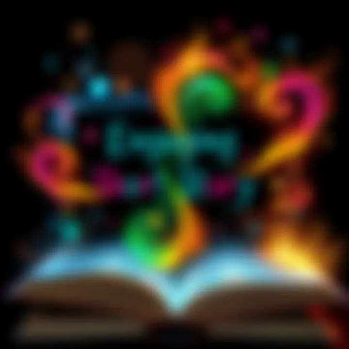 Book cover featuring a vibrant open book with swirling words and colorful illustrations coming to life, symbolizing creativity in storytelling.