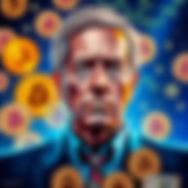 A depiction of Jeffrey Epstein surrounded by Bitcoin logos and currency, highlighting connections to cryptocurrency.