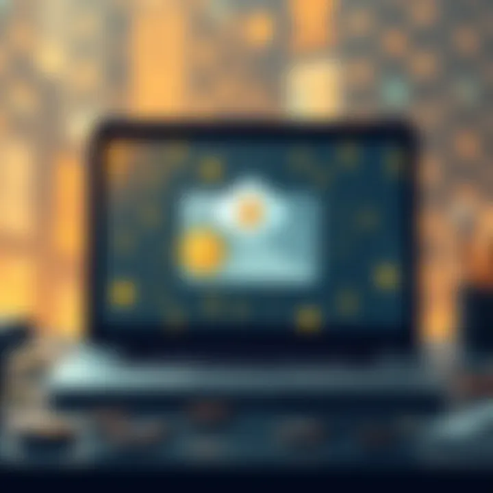 An illustration of digital currency with a laptop showing emails, hinting at Bitcoin-like ideas